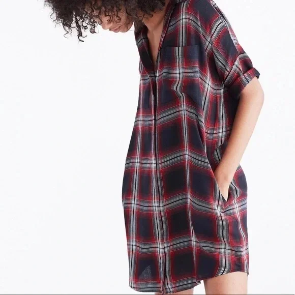 Madewell Courier Red Black Rollins Plaid Button Down Shirt Dress Mini Small - Picture 2 of 11
